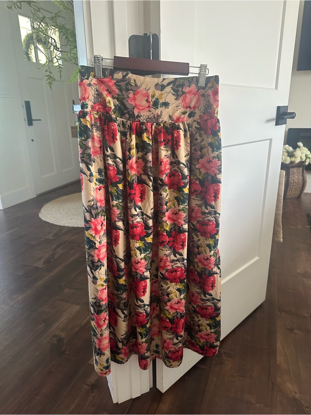 Natural Life Floral Midi Skirt - Pink & Green on Cream